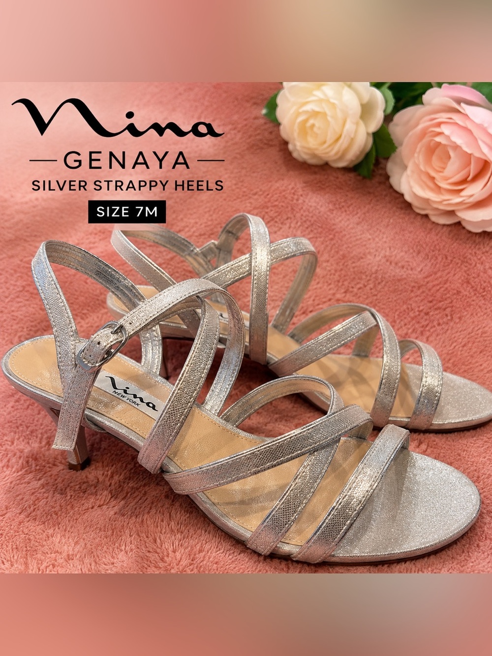 Nina Genaya Silver Strappy Heels Metallic Evening Sandals Size 7M